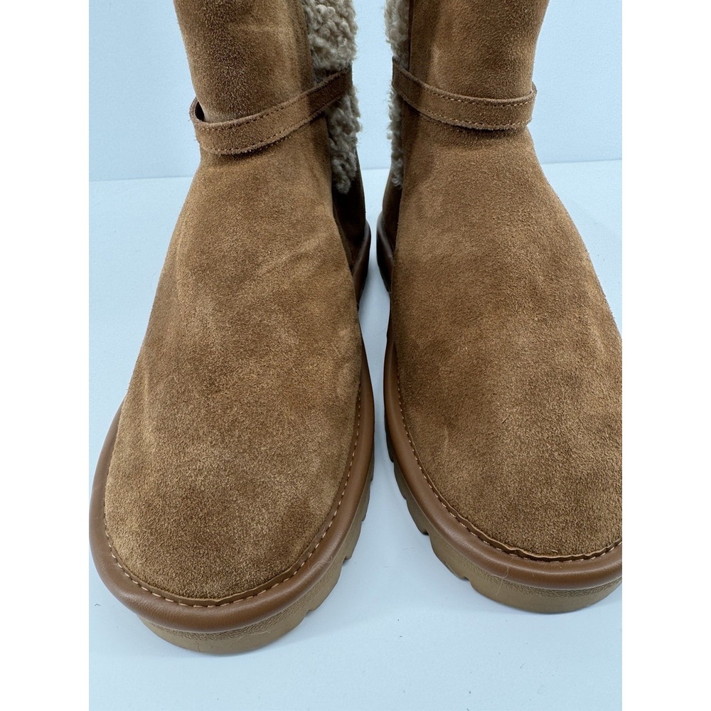 ZARA NWT Cozy Shearling Lined Suede Ankle Boots Chestnut Brown Moto Buckle Sz 9 - Picture 3 of 15